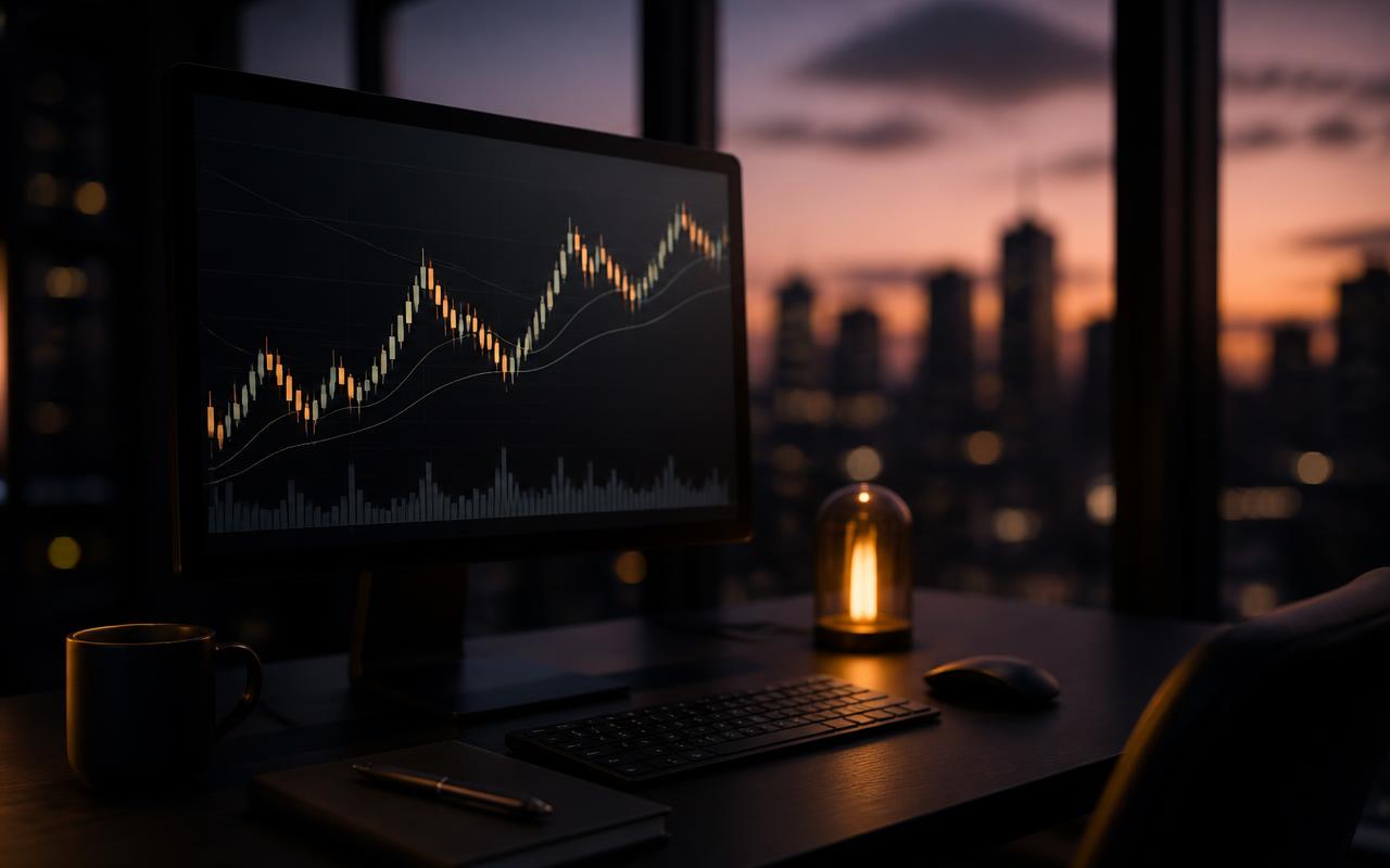 A trading desk at dusk with a candlestick chart on screen